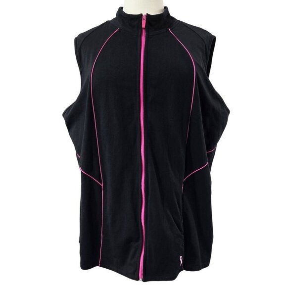 Catherines Black Pink Trim Full Zip Vest Pockets Stretch Breast Cancer Awareness - Picture 1 of 9